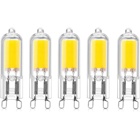 Lot de 5 ampoules LED COB à culot G9 de 2 W, 220 V, 200 lumens, équivalent à une ampoule halogène de 10 à 20 W, pour lustre, lampe de table ou applique murale, blanc chaud 3000 K.