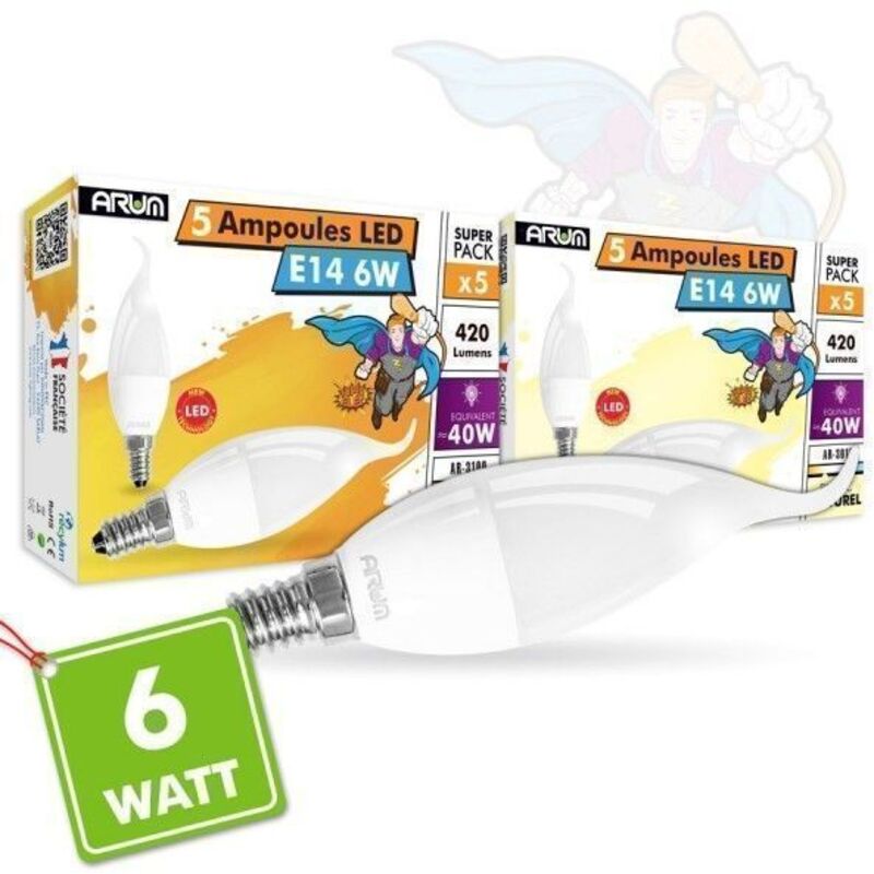 Lot de 5 Ampoules led E14 Flamme 5W Rendu 40W 400LM Température de Couleur: Blanc Chaud 3000K Lot de 5 Ampoules led E14 Flamme 5W Rendu 40W 400LM Température de Couleur: Blanc Chaud 3000K