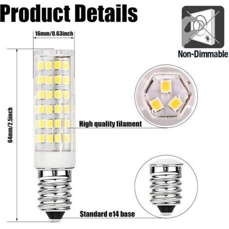 Lot de 5 ampoules LED E14 pour hottes de cuisine, 9 W, blanc froid (6000 K), 220-230 V CA, non dimmables, pour réfrigérateurs/hottes de cuisine.