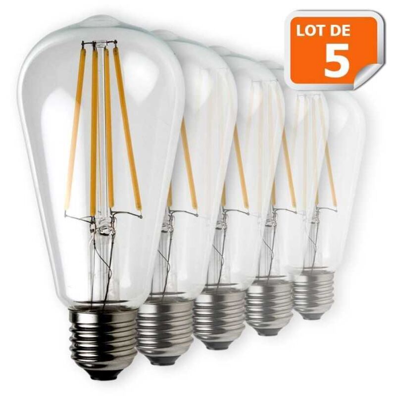 Lot de 5 Ampoules Led Filament ST64 Style Edison Teardrop 7 watt (eq.52 watt) Culot E27