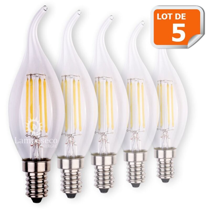 Lot de 5 Ampoules Led Flamme Coup de Vent Filament 4 watt (équivalent 42 Watt) Culot E14 à visser blanc chaud