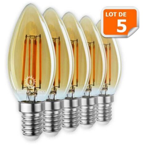 Lot de 5 Ampoules Led Flamme Filament Doré 4 watt (éq. 42 Watt) Culot E14
