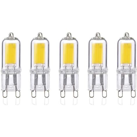 Lot de 5 ampoules LED G9 2 W, lumière blanc froid 6000 K, 250 lumens, angle de diffusion à 360°, Ra  80, AC 220-240 V, non dimmables.