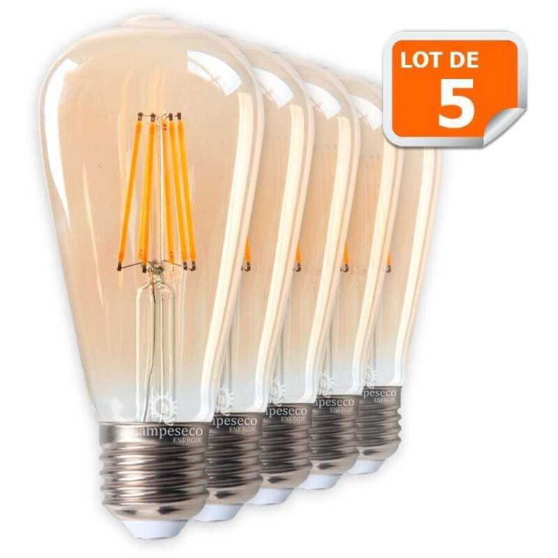 Lot de 5 Ampoules LED Style Vintage Teardrop ST64 Doré 7 Watts Blanc Très Chaud Culot E27