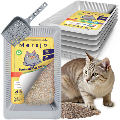 Lot de 5 bacs à litière jetables, litière bentonite pour chat à pH contrôlé, avec plateau (5 x 2,7 l) et 5 pelles.