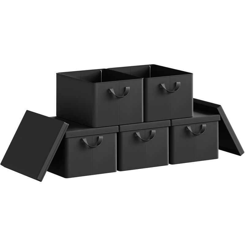 Woltu - Lot de 5 Boîte de Rangement 43x33x26 cm, avec Couvercle, Coffre de Rangement en Tissu non Tissé, Pliable, Noir