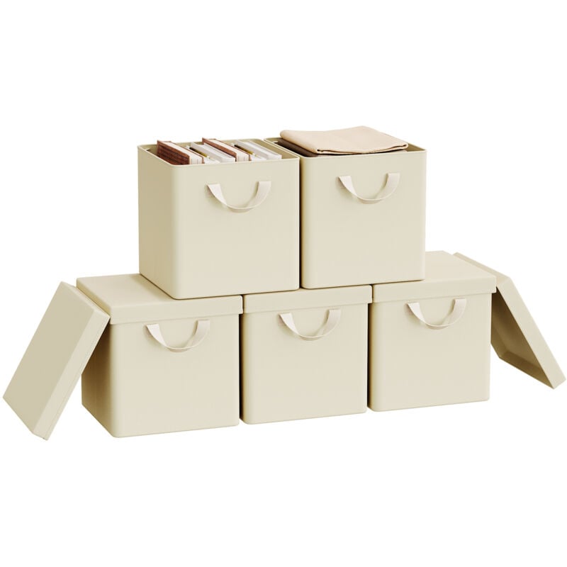 Woltu - Lot de 5 Boîtes Rangement 27x27x27 cm, Cubes de Rangement Tissu avec Couvercle, Poignée et Cadre en Métal, Pliable, Crème