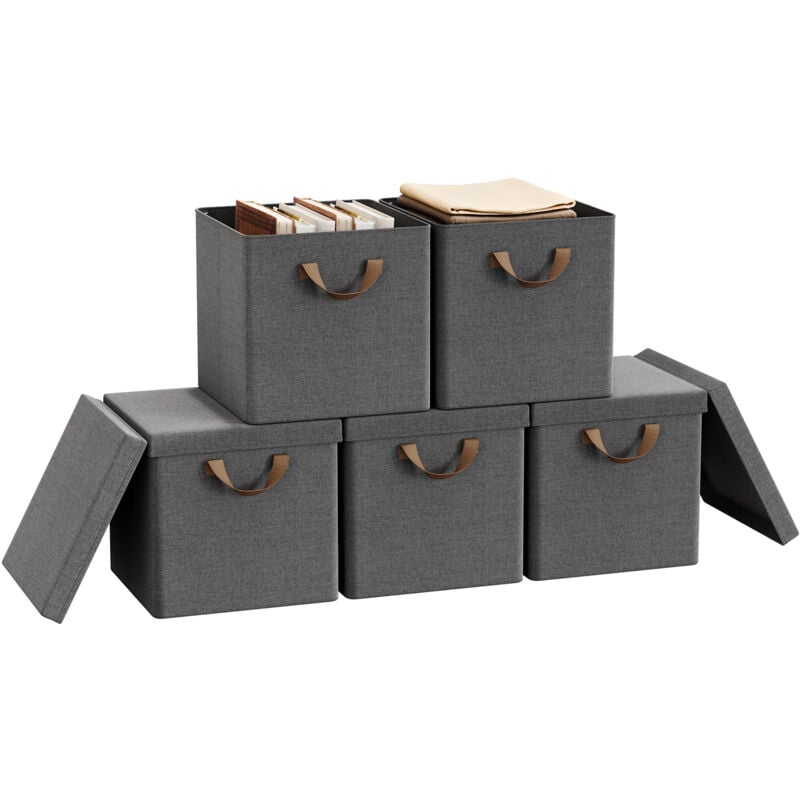 Woltu - Lot de 5 Boîtes Rangement 30x30x29 cm, Cubes de Rangement Tissu avec Couvercle, Poignée et Cadre en Métal, Pliable, Gris