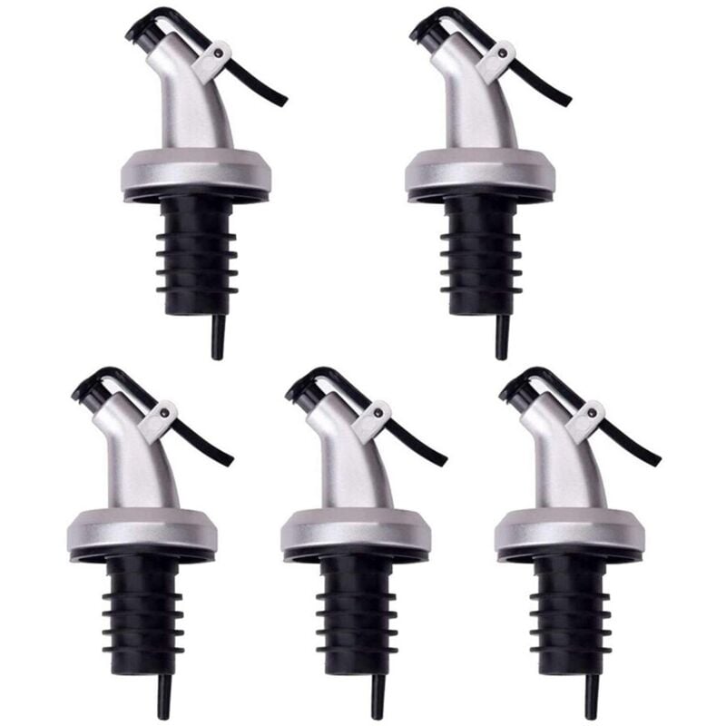 Lot de 5 bouchons avec compte-gouttes huile/vinaigre, polypropylène/ABS, 8,5x3 cm, noir/argent