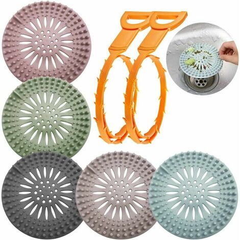 Lot de 5 bouchons filtre d’évier en silicone avec 2 pièces pour éliminer les bouchons Pour évier de cuisine, salle de bain et baignoire