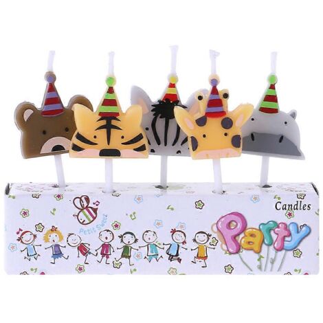 Lot de 5 bougies d'anniversaire en forme d'animaux mignons, chandelles cartoon pour gâteau, décoration fête enfant, design ludique et coloré.