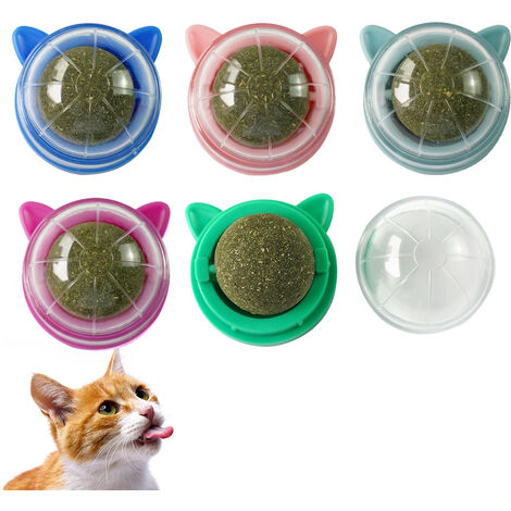 YOYAXI Lot de 5 boules d'herbe à chat avec oreilles de chat pour mur de chat, jouet auto-adhésif, jouet à mâcher à la menthe pour chat
