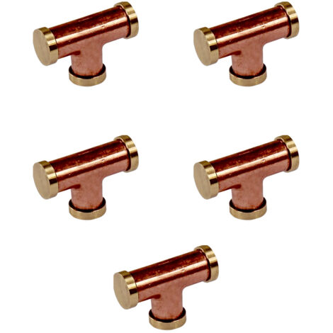 Lot de 5 Boutons de meuble en T cuivre et 3 embouts laiton "Industriel" - Arcanaute