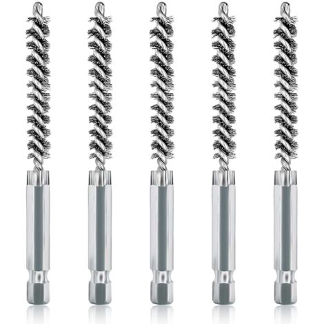 Lot de 5 brosses de nettoyage en acier inoxydable de 8mm avec poils en acier inoxydable pour perceuse électrique, brosse métallique abrasive avec tige hexagonale de 6,35 mm