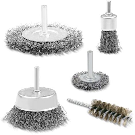 Lot de 5 Brosses Métalliques, Brosse Metallique pour Perceuse Queue de 6 mm, Meuleuse pour Visseuse Perceuse à Nettoyer Bois en Métal pour L'Élimination de la Peinture/Corrosion/Rouille