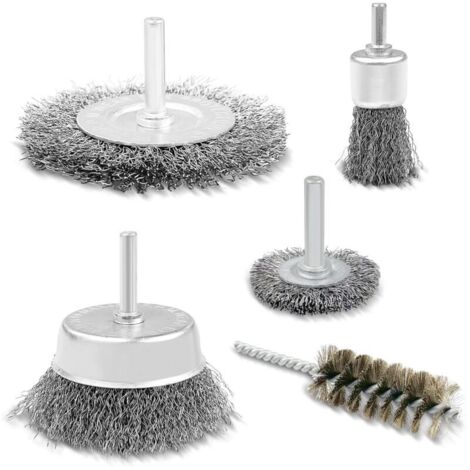 Lot de 5 Brosses Métalliques, Brosse Metallique pour Perceuse Queue de 6 mm, Meuleuse pour Visseuse Perceuse à Nettoyer Bois en Métal pour L'Élimination de la Peinture/Corrosion/Rouille