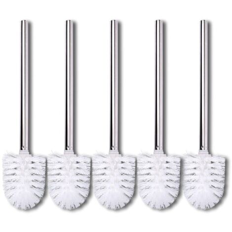 Lot de 5 brosses WC de remplacement Tête de brosse blanche Poignée en acier inoxydable Compatible avec tous WC courants