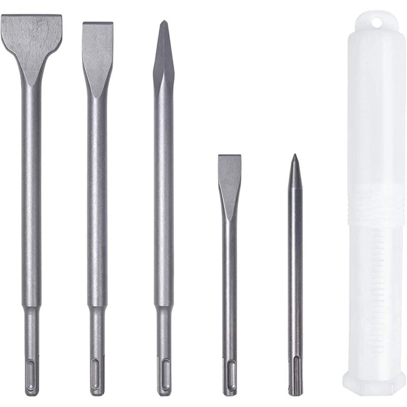 Lot de 5 Burins avec 2 Burin Pointu et 3 Burins Plats, Burin à carrelage Burin Large Outil de Forage pour Béton Carrelage Bloc de Construction