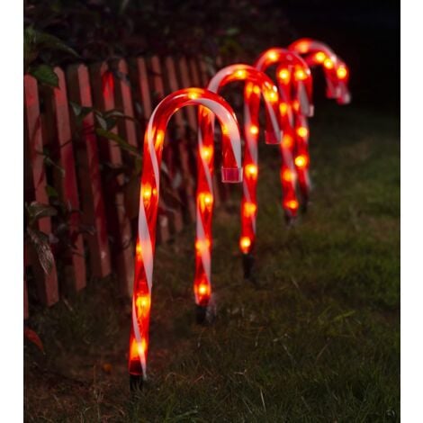 BLUEDEER Lot de 5 cannes à sucre de Noël lumineuses à LED, piquets de jardin pour jardin, pelouse, cour, décoration de Noël (béquilles colorées avec étoiles)