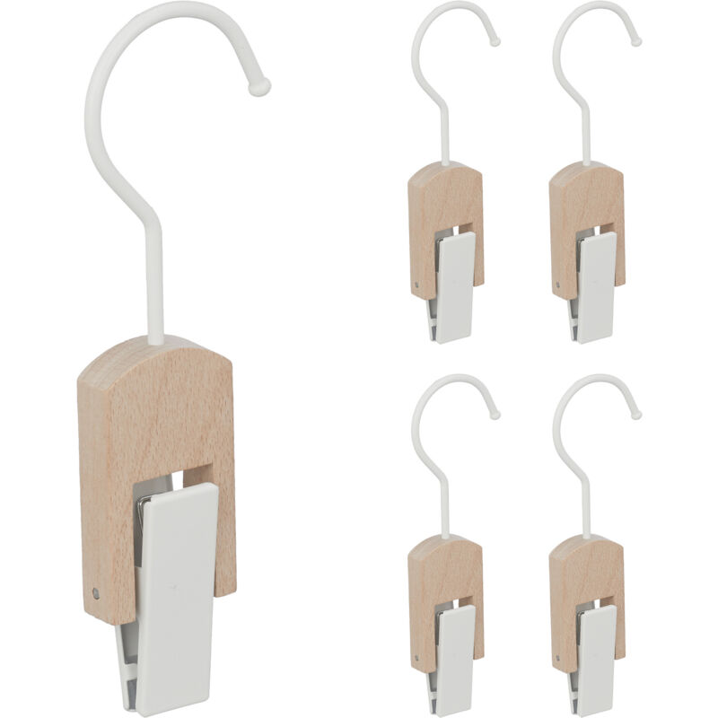 Lot de 25 cintres à pince, fer & bois, crochets à accrocher, clips en caoutchouc, attaches, blanc - nature