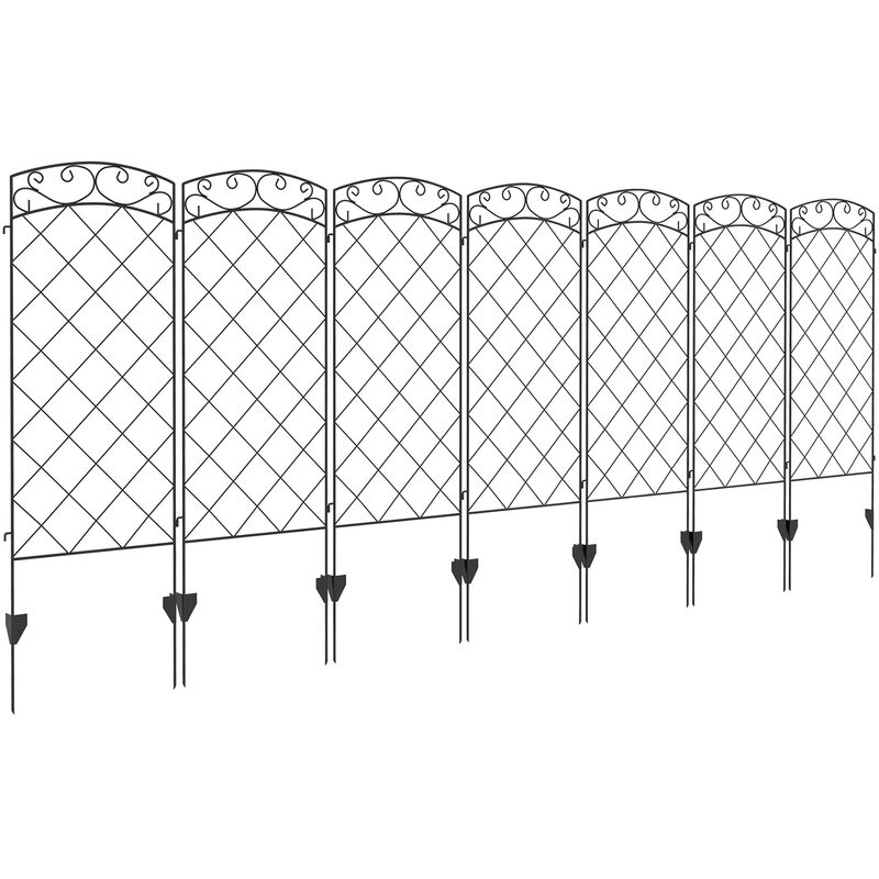 Lot de 7 clôtures de jardin décoratives en métal avec ornements - dim. totales 344L x 110H cm - noir