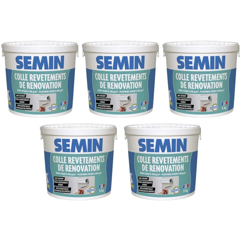Lot de 5 colles pour revêtements de rénovation lisse en pâte Semin prête à l'emploi - seau de 5 kg