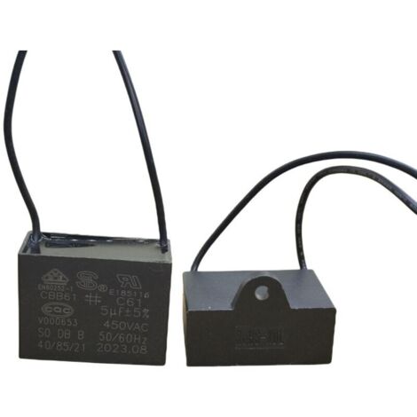 Lot de 5 condensateurs de démarrage ultra-haute puissance CBB61 5 µF 450 V avec fils, pour ventilateurs industriels, équipements lourds et climatiseurs haute puissance. Diamètre : 60 mm, 85 °C.