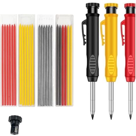 Lot de 5 crayons de charpentier solides - Mines polyvalentes - Marqueur à trous profonds - Avec taille-crayon intégré - Pour le travail du bois, les chantiers de construction - Avec étui