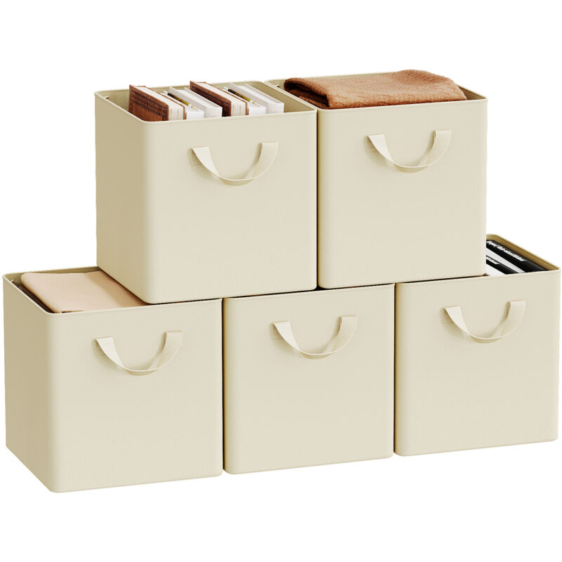 Lot de 5 Cubes de Rangement WOLTU, 26x26x26,5 cm, Boîte Rangement Pliable, avec Poignée, Cadre en Métal, en Tissu, Crème