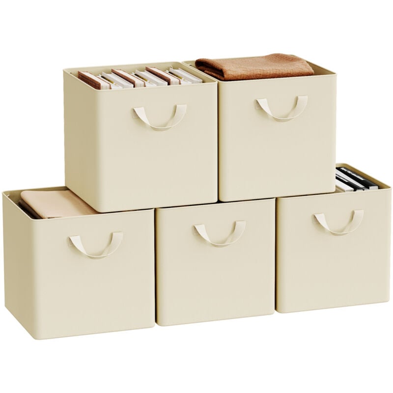Woltu - Lot de 5 Cubes de Rangement 29,5x29,5x28,5 cm, Boîte Rangement Pliable, avec Poignée, Cadre en Métal, en Tissu, Crème