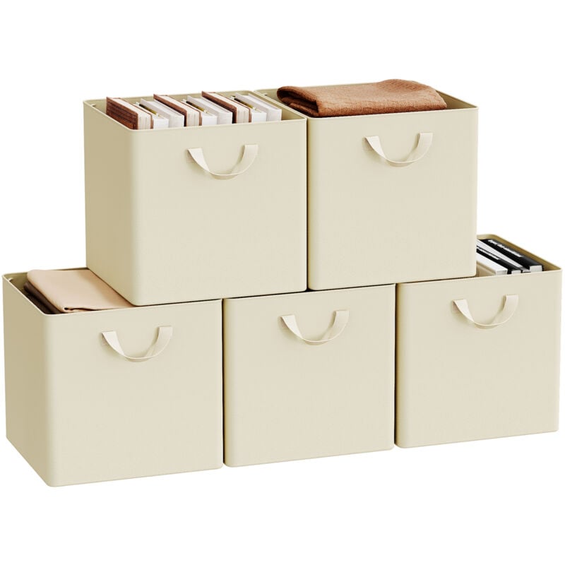 Woltu - Lot de 5 Cubes de Rangement 32,5x32,5x31 cm, Boîte Rangement Pliable, avec Poignée, Cadre en Métal, en Tissu, Crème