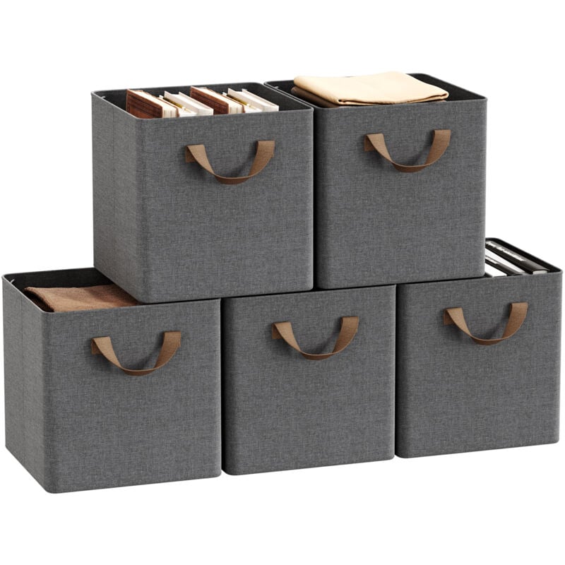 Woltu - Lot de 5 Cubes de Rangement 26x26x26,5 cm, Boîte Rangement Pliable, avec Poignée, Cadre en Métal, en Tissu, Gris