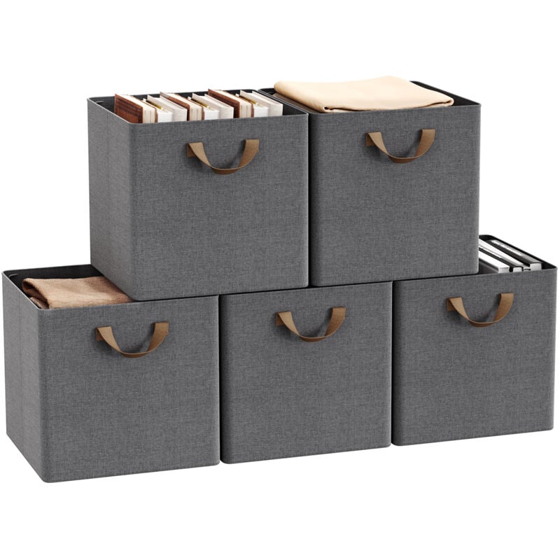 Woltu - Lot de 5 Cubes de Rangement 32,5x32,5x31 cm, Boîte Rangement Pliable, avec Poignée, Cadre en Métal, en Tissu, Gris