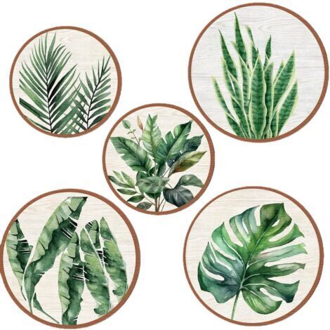 Lot de 5 décorations murales en bois - Style bohème - Décoration murale ronde pour chambre à coucher - Plantes tropicales Monstera vert - Décoration
