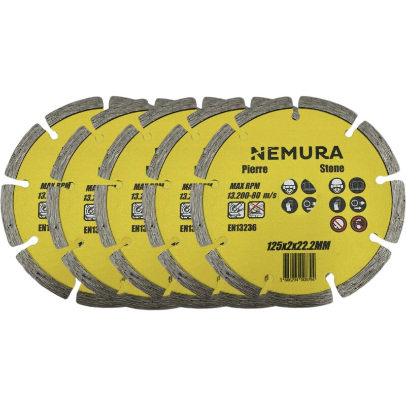 Lot de 5 disques diamant 125mm pour béton pierre et brique (125 x 2.0 x 22.2MM)