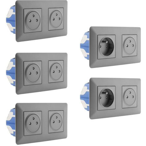 Lot de 5 doubles prises 2P+T 16A livrée avec boîte d'encastrement Titanium - Artezo - Zenitech