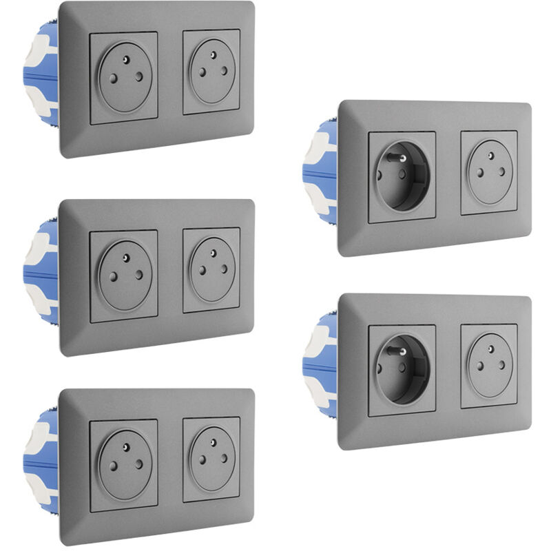 Lot de 5 doubles prises 2P+T 16A livrée avec boîte d'encastrement Titanium - Artezo Zenitech