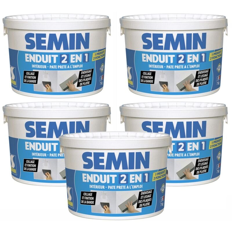 Lot de 5 enduits 2 en 1 multifonctions Semin joint et lissage de la plaque de pâtre - intérieur - seau de 7 kg