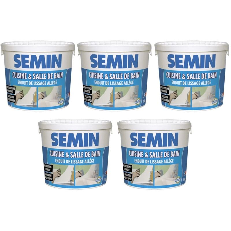 Lot de 5 enduits de lissage cuisine et salle de bain Semin adapté aux pièces humides - seau de 1 kg