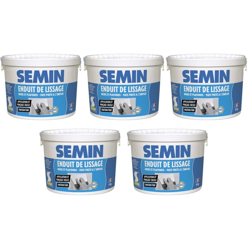 Semin - Lot de 5 enduits de lissage en pâte pour murs et plafonds intérieur - Seau de 4 kg