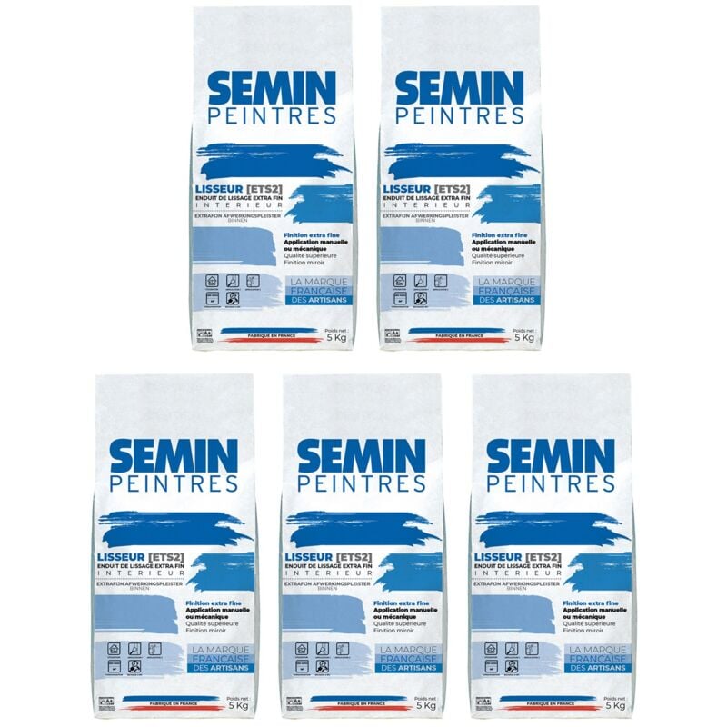 Semin - Lot de 5 enduits de lissage extra fin en poudre pour finition des murs Lisseur intérieur - sac de 1,5 kg