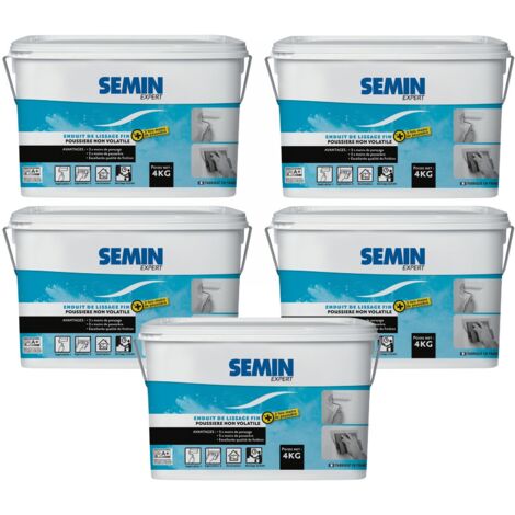 Lot de 5 enduits de lissage poussière maîtrisée pour finition des murs Semin - 3 fois moins de ponçage pour 3 fois moins de poussière - intérieur - seau de 4 kg