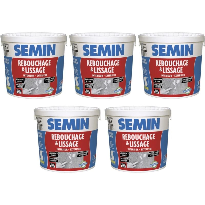 Semin - Lot de 5 enduits de rebouchage en pâte spécial fissures et trous de vis intérieur/extérieur - seau de 1,5 kg