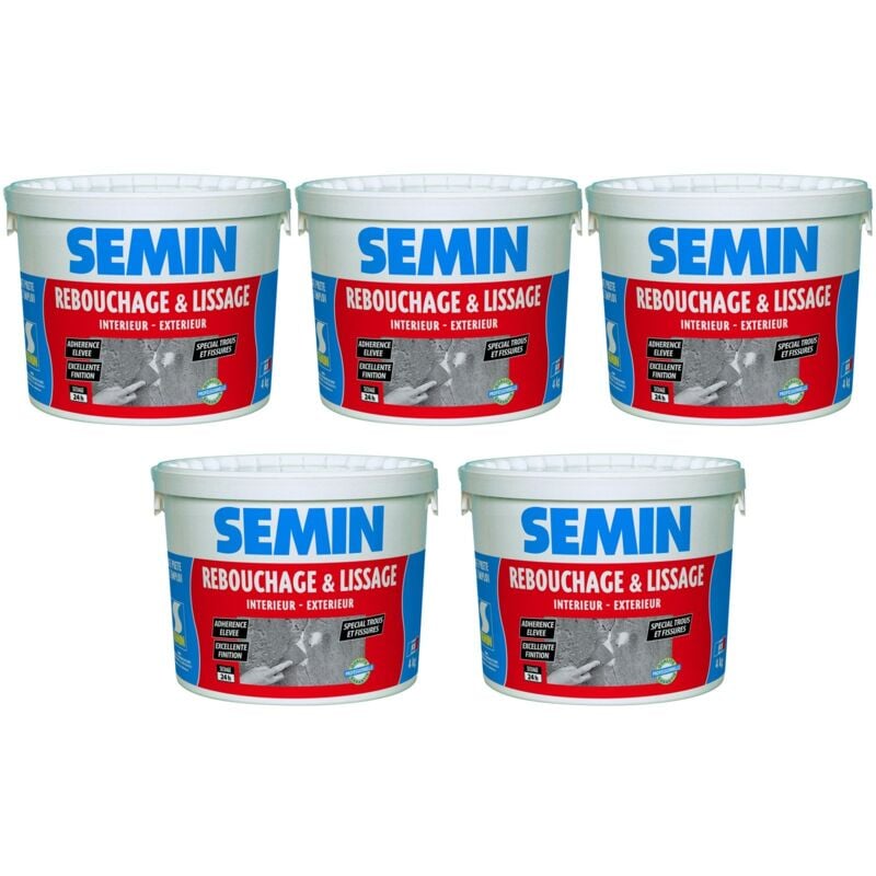 Lot de 5 enduits de rebouchage en pâte spécial fissures et trous de vis Semin intérieur/extérieur - seau de 4 kg