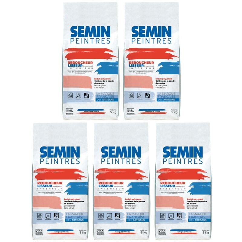 Lot de 5 enduits de rebouchage et lissage en poudre Reboucheur Semin séchage rapide - intérieur - sac de 5 kg