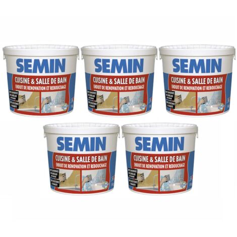 Lot de 5 enduits de rebouchage et rénovation spécial cuisine et salle de bain Semin - adapté aux pièces humides - seau de 1 kg