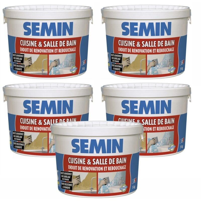 Lot de 5 enduits de rebouchage et rénovation spécial cuisine et salle de bain Semin adapté aux pièces humides - seau de 5 kg