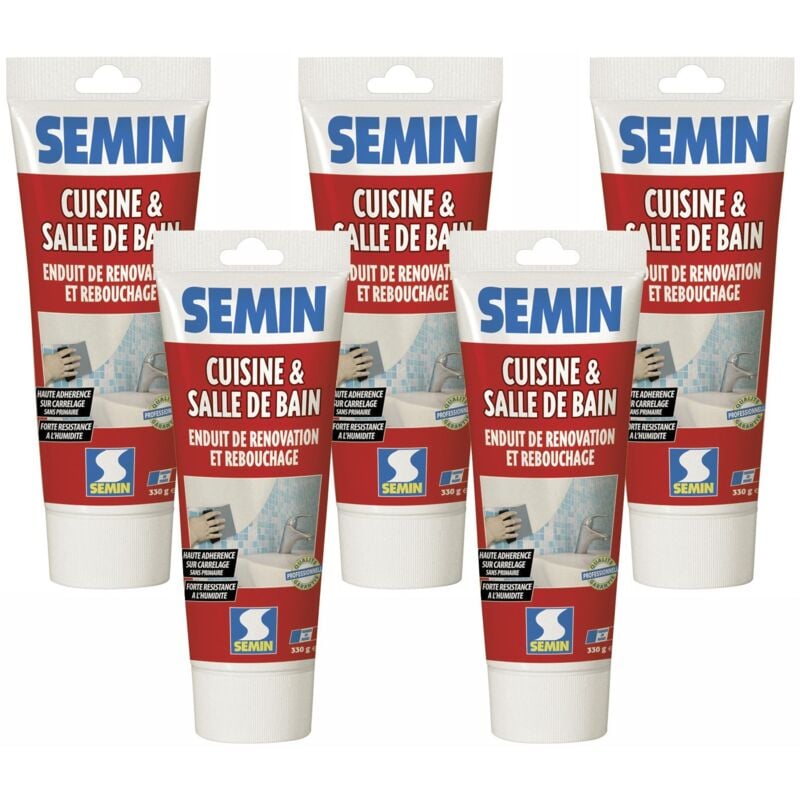 Semin - Lot de 5 enduits de rebouchage et rénovation spécial cuisine et salle de bain adapté aux pièces humides - tube de 330 g