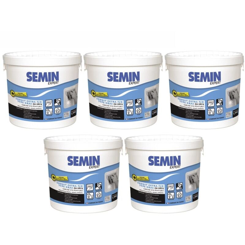 Lot de 5 enduits extra fin Semin lissage type gras, sans solvants - séchage rapide - intérieur/extérieur - seau de 1,5 kg