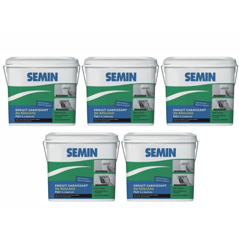 Semin - Lot de 5 enduits garnissant au rouleau pour la rénovation des supports très endommagés intérieur - seau de 10 kg